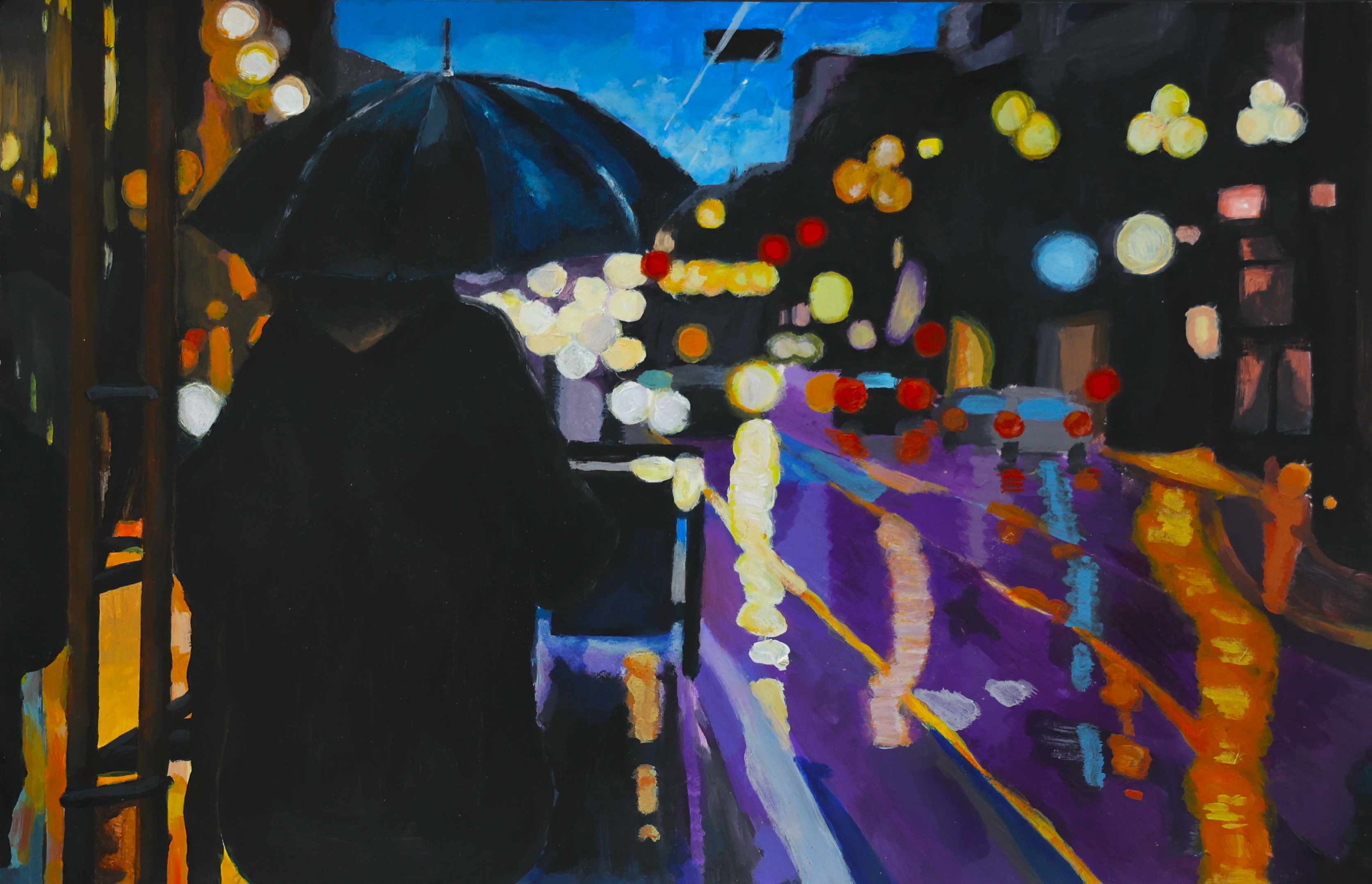 Gouache painting of a figure with umbrella on a rainy night street